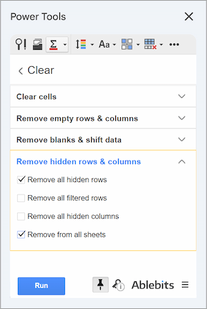The Remove hidden rows and columns section in the add-on's interface.