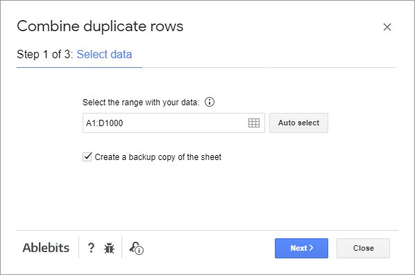 Pick the range with the data that contains duplicated rows.