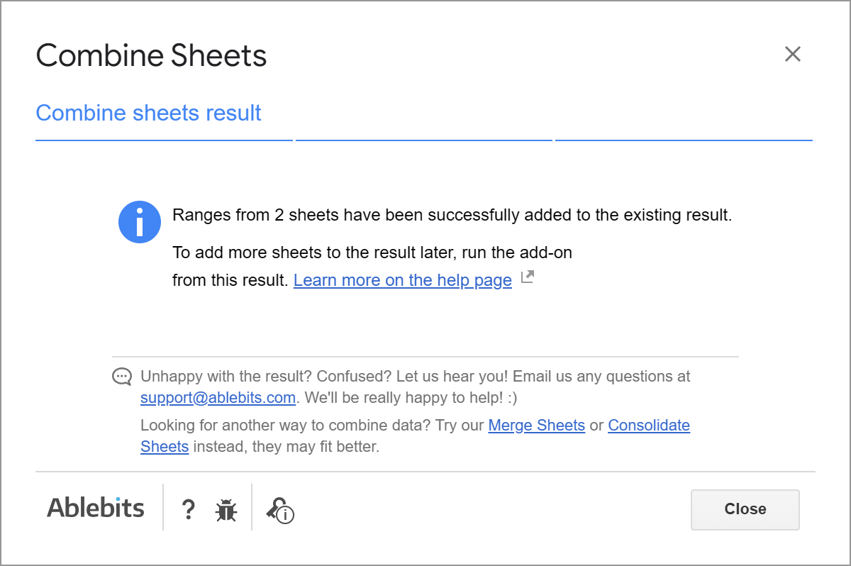 Add more sheets to the existing data – result message.