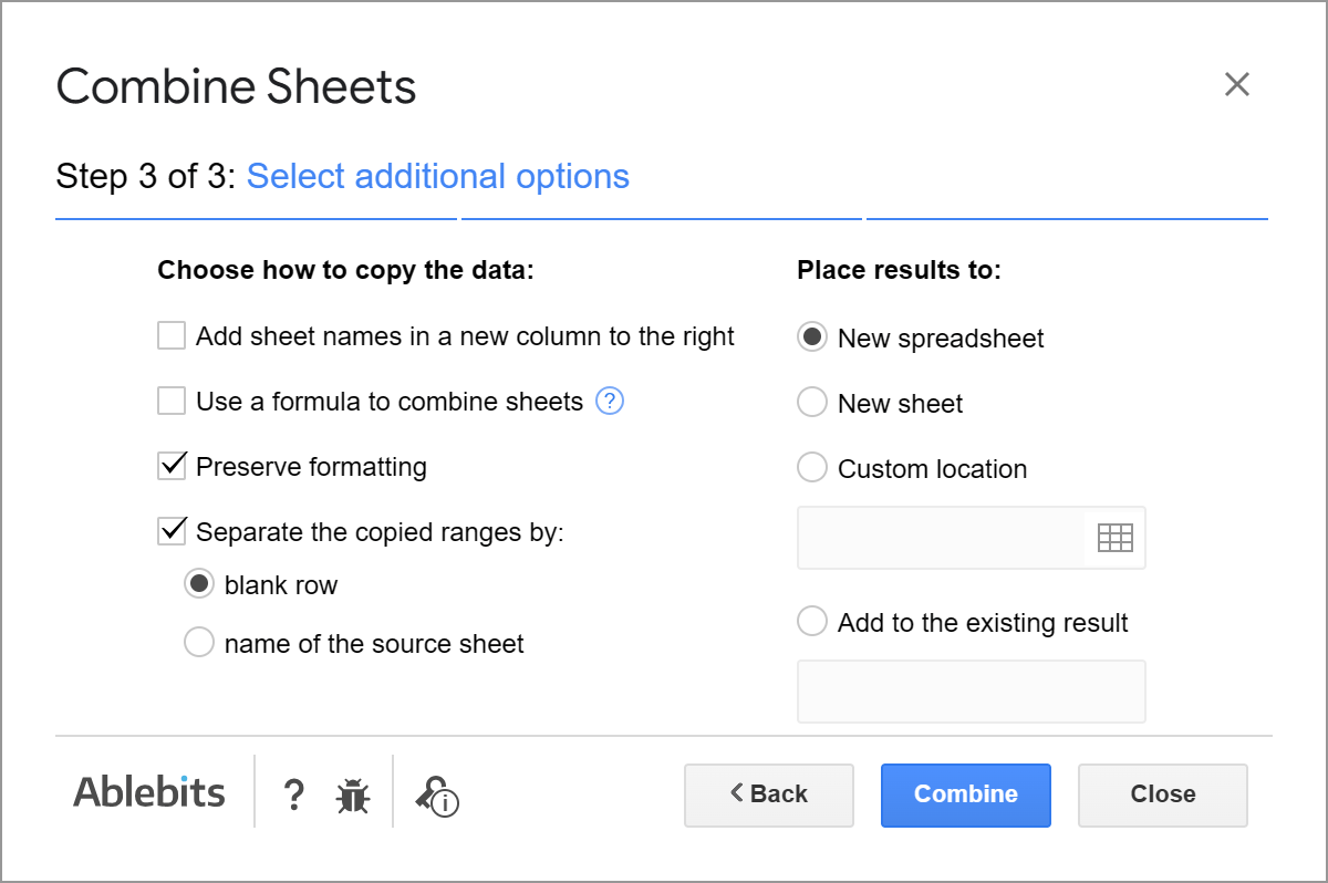 Use additional options to merge sheets.