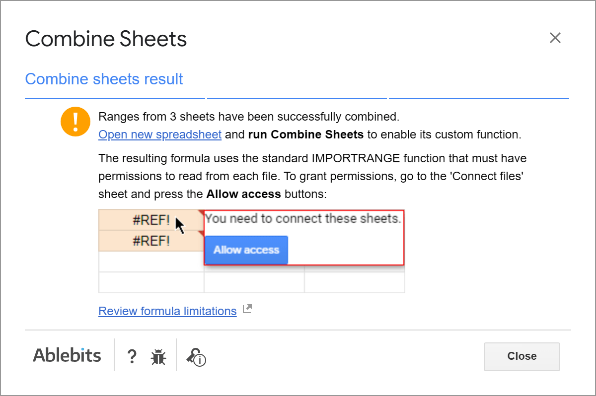 Resulting message with the instructions on how to connect the files.