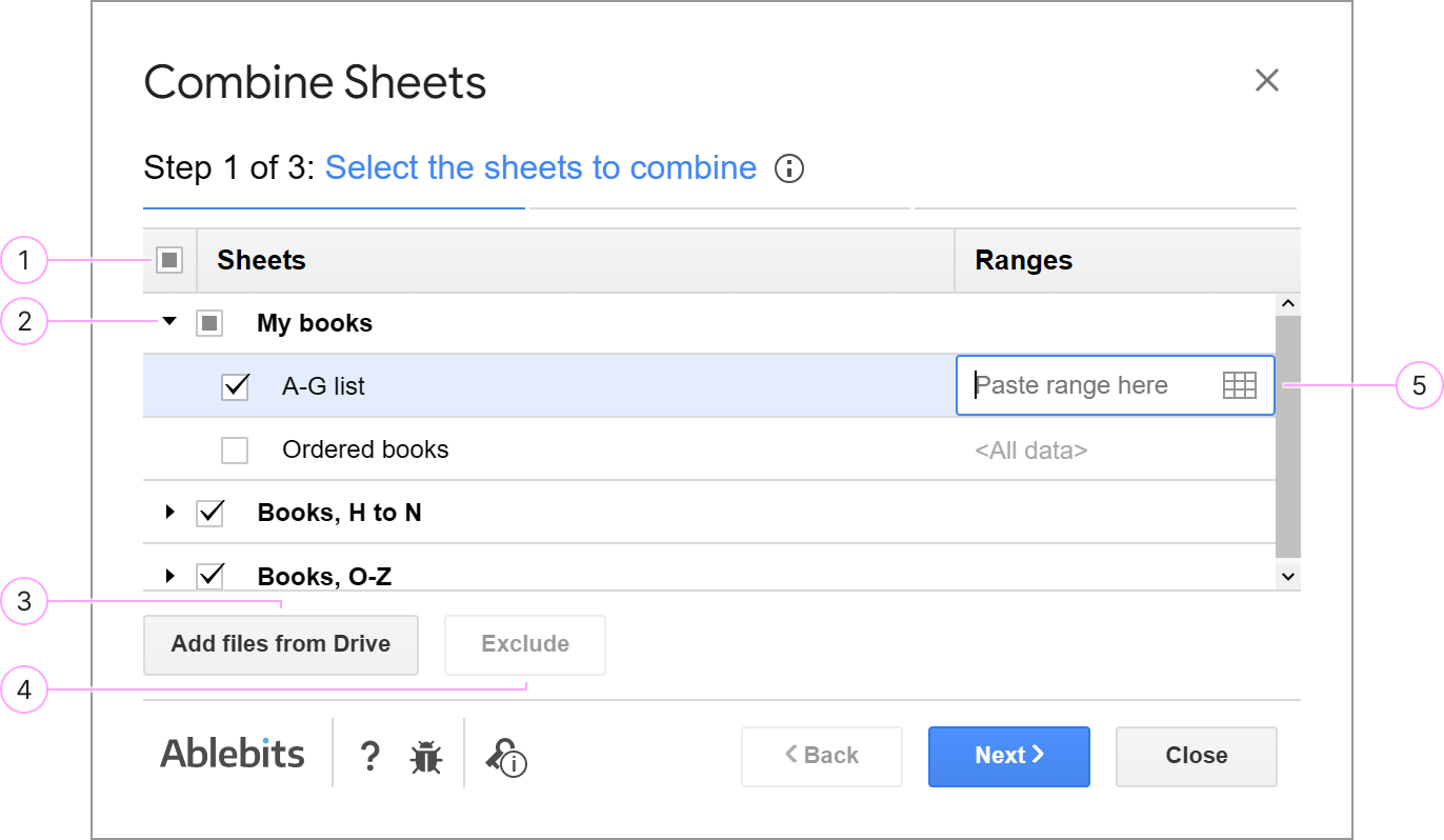 Check the sheets you want to combine.