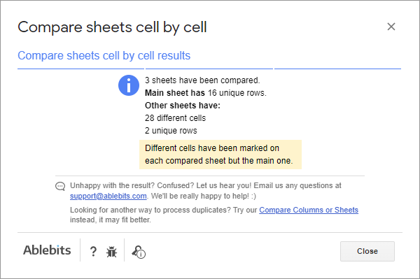 Compare sheets cell by cell results.
