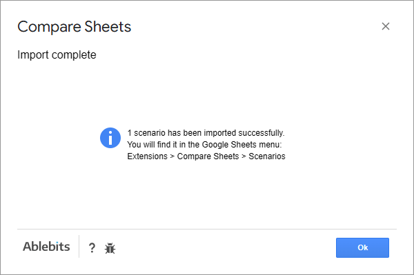 Compare Sheets confirming how many scenarios have been imported.