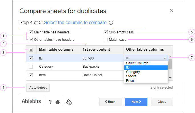 Choose columns you want to compare.