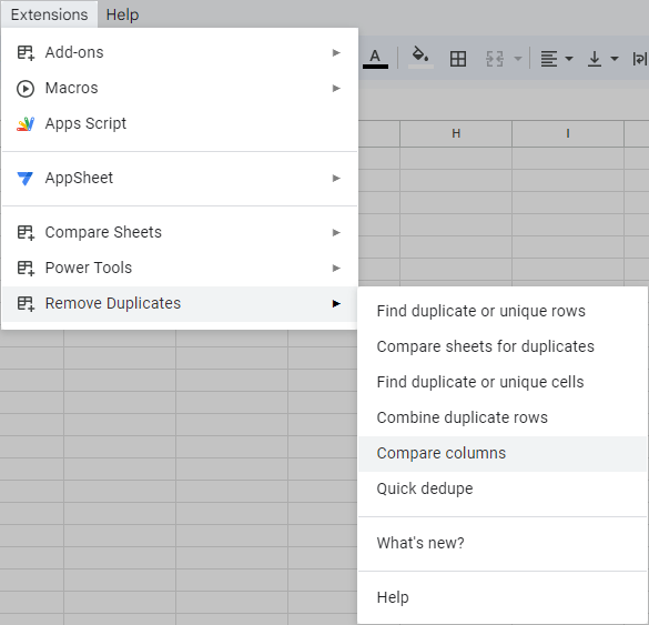 Compare columns in the Extensions menu.
