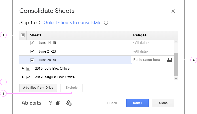 Select sheets to merge and calculate.