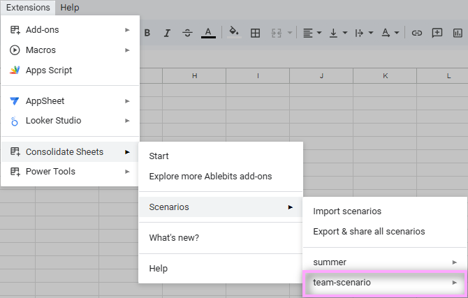 Find imported scenarios in the Consolidate Sheets menu.