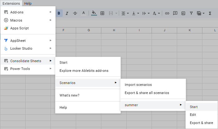 Run Consolidate Sheets scenario from the menu.