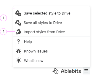 All options to export and import styles in Google Docs.