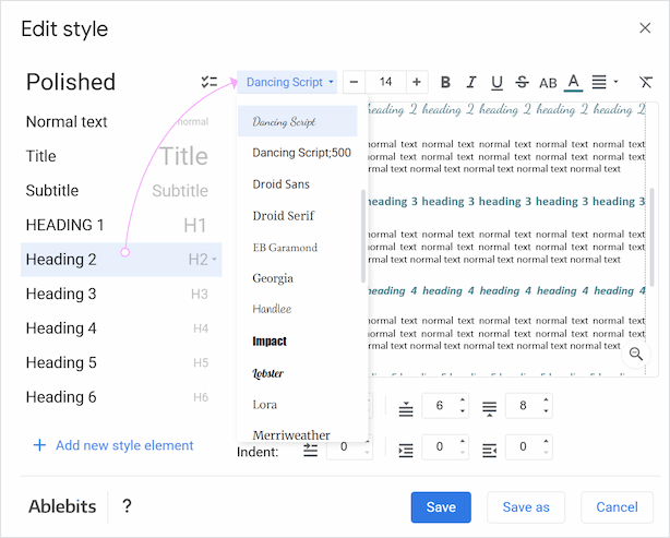 Template editor showing a dropdown menu with the newly applied font saved to the library.