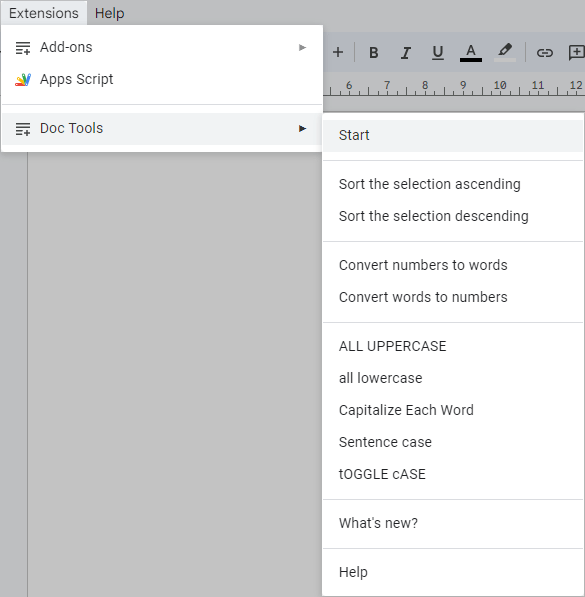 Run Doc Tools from the Google Sheets menu.