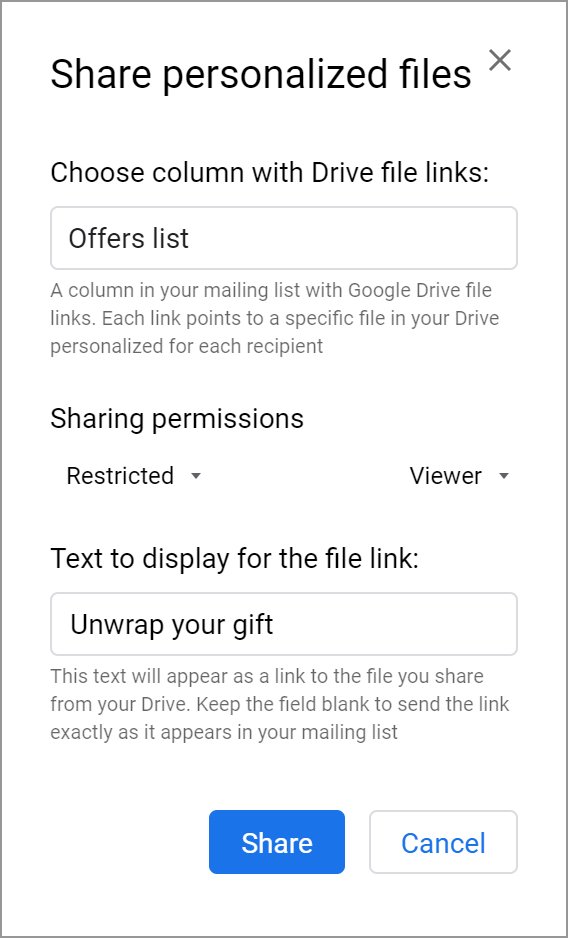 Tweak the options to share personalized files.