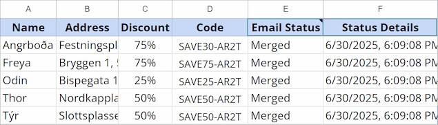 Mailing list spreadsheet with new status columns tracking merge progress.