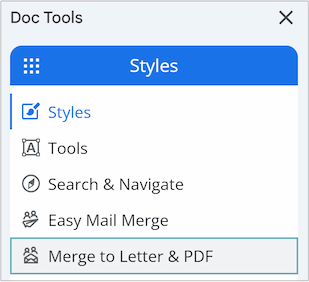 The Doc Tools menu is open in Google Docs, with the Merge to Letter & PDF tool listed as an option.