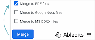 The Ablebits add-on's export options include PDF, Google Docs, and MS Word.