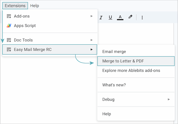 The way from Extensions to Merge to Letter and PDF. The way from Extensions to Merge to Letter and PDF.