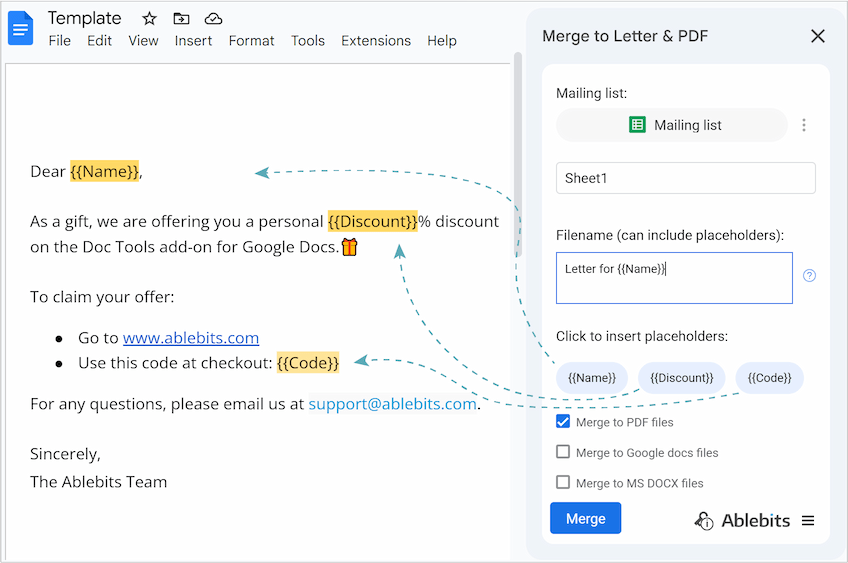 The Google Docs letter template with placeholders, connected to a Google Sheets spreadsheet containing mailing list columns.