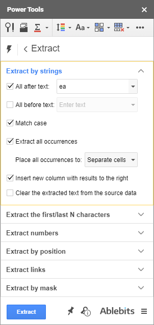 Extract data in Google Sheets by strings.