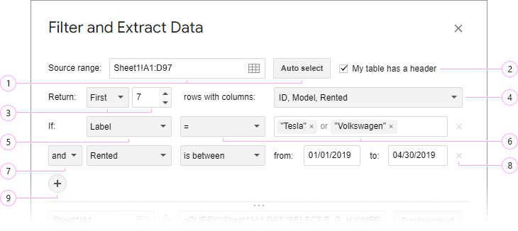 Filter Google Sheets data by multiple conditions.
