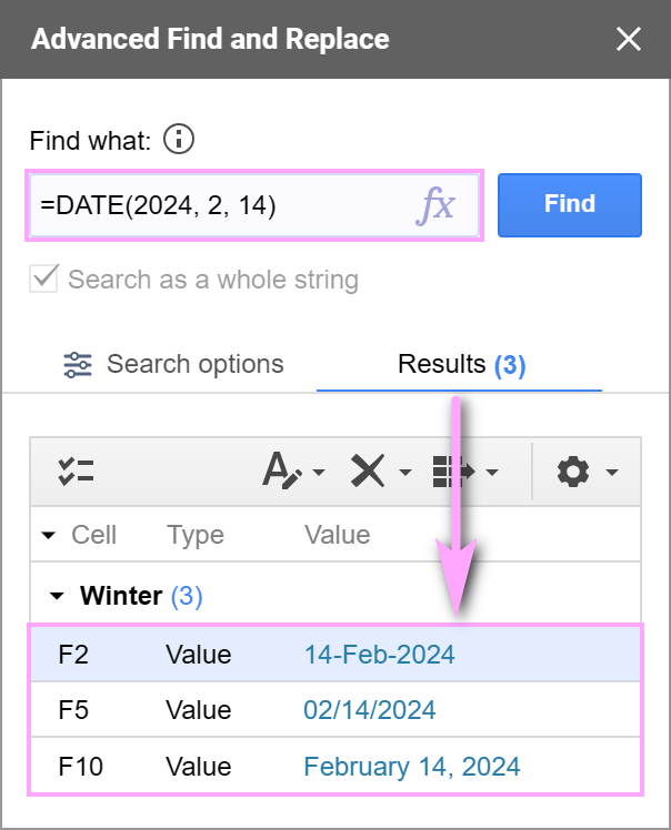 Search by formula result to find all date mentions no matter their format.