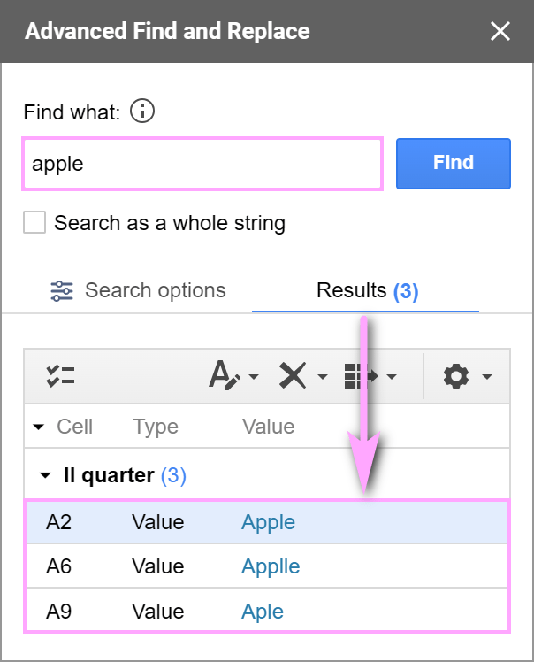 Find all fuzzy matches of the word 'apple' in your Google Sheets without formulas.