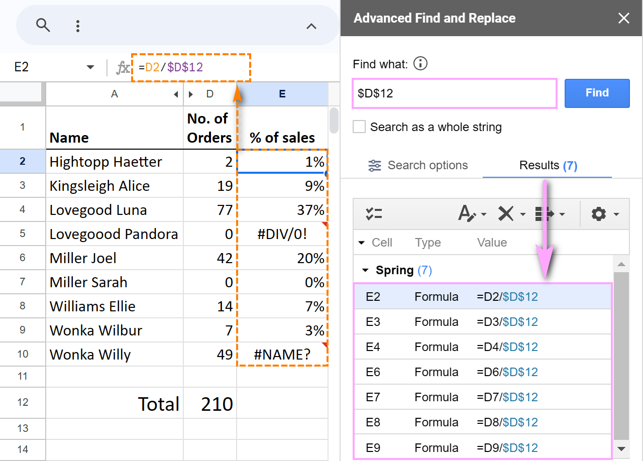 Find and replace specific cell references in all formulas in Google Sheets.