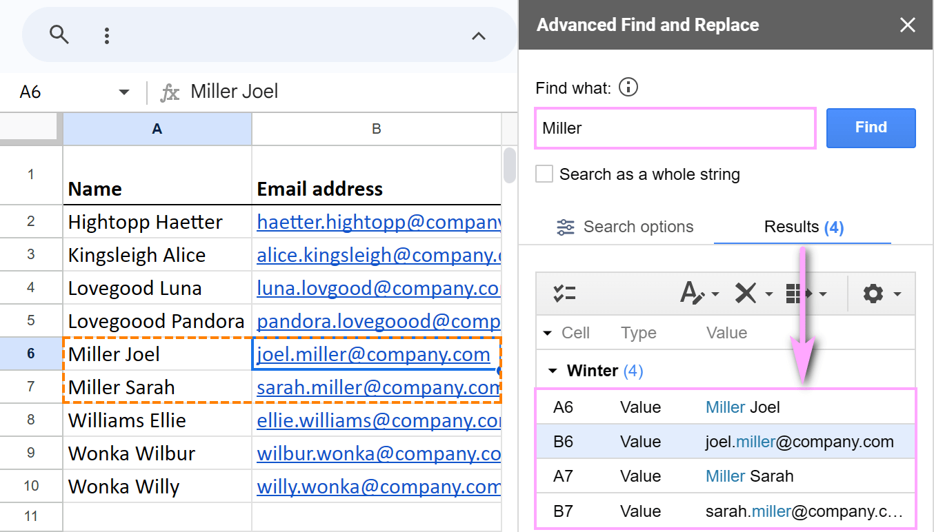 Search for 'Values' in Google Sheets including those that display links.