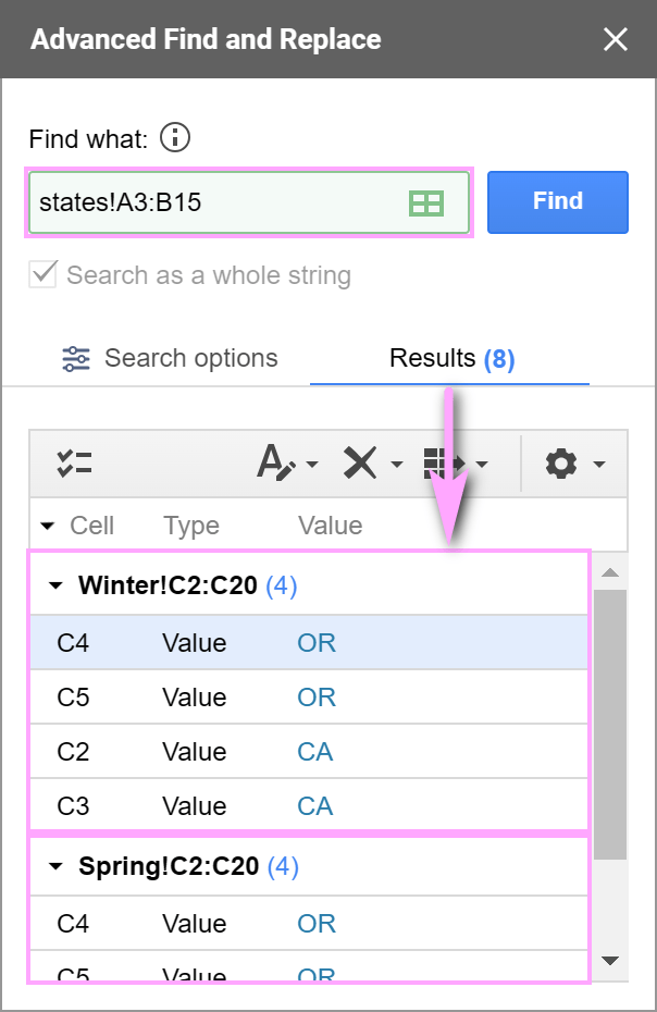 Find states from the list in other sheets.