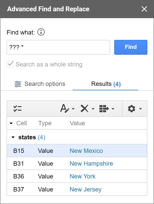 Use wildcard search in Google Sheets.