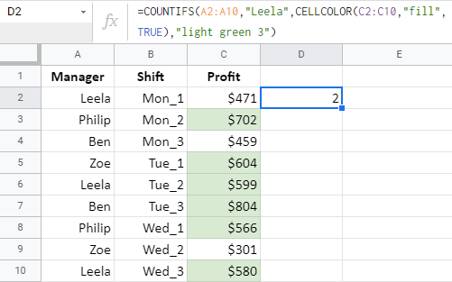 COUNTIFS uses VALUESBYCOLORALL to count all green cells from column C belonging to 'Leela' in column A.
