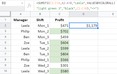 SUMIFS uses VALUESBYCOLORALL to sum numbers from green cells belonging to 'Leela' in column A.