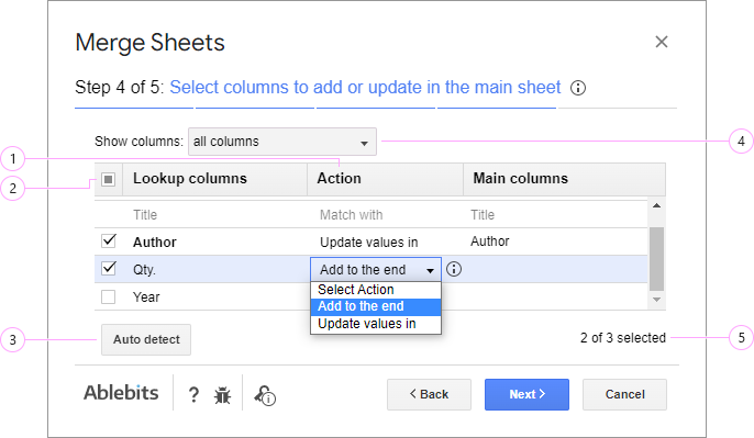 Choose the columns to add or update in the main sheet.