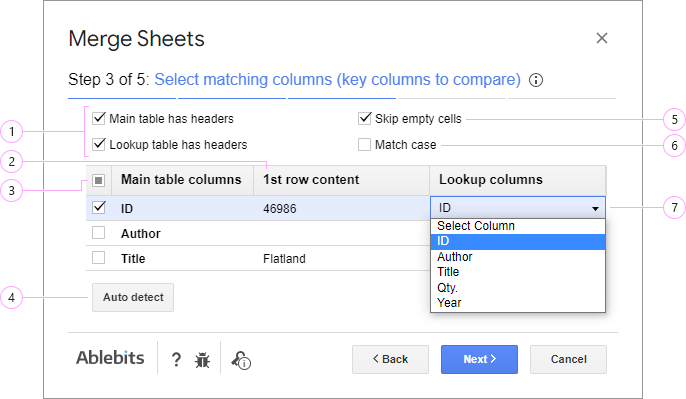 Identify key columns and their equivalents in the lookup tables.
