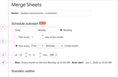 Configuring a monthly schedule. Configuring a monthly schedule.