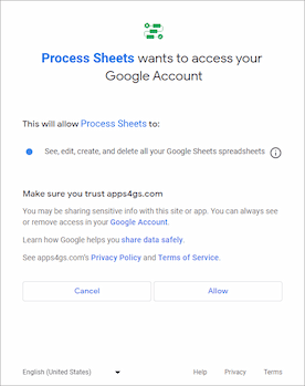 Granting permissions to the Process Sheets service. Granting permissions to the Process Sheets service.