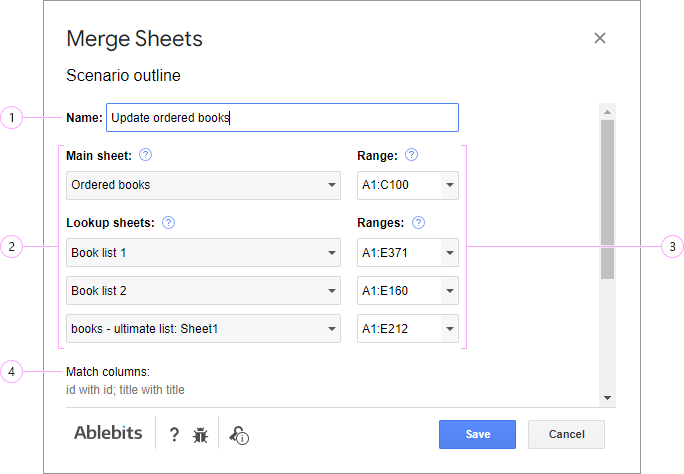 Adjust settings for your scenario in Merge Sheets.