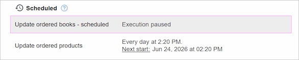 Paused scenarios displayed in the Merge Sheets schedule list. Paused scenarios displayed in the Merge Sheets schedule list.