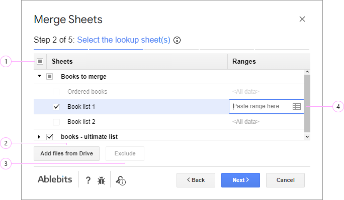 Select the sheets with the values to pull.