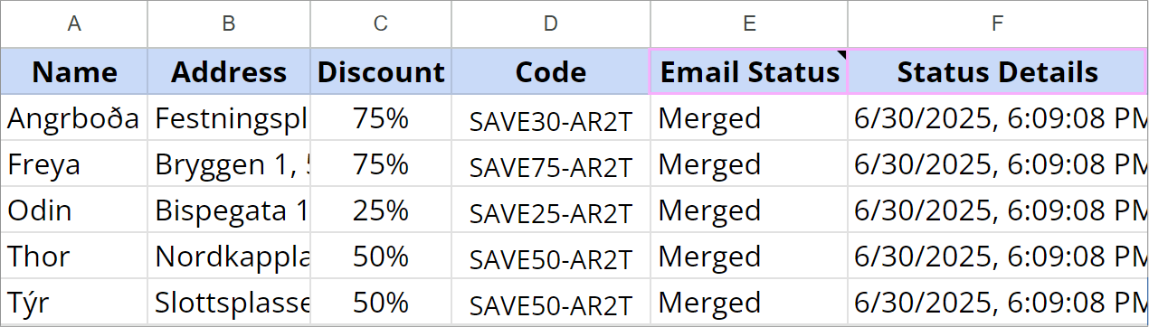 You’ll see two additional columns with Email Status and Status details, where Merged status and exact date and time of the generating will appear.