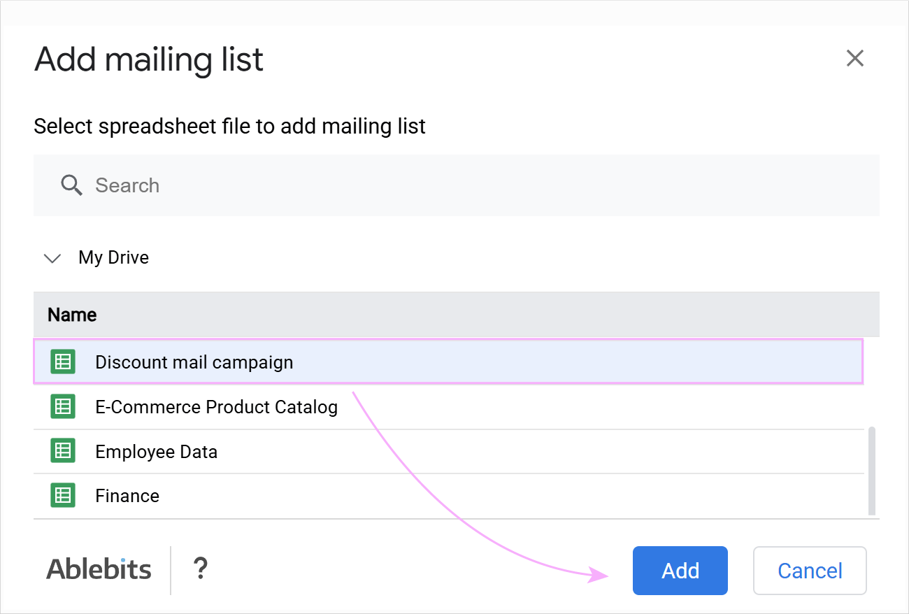 Find your mailing list by browsing or using the search bar, then click Add to select it.