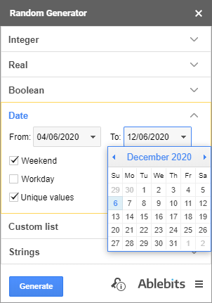 Generate dates in Google Sheets at random.