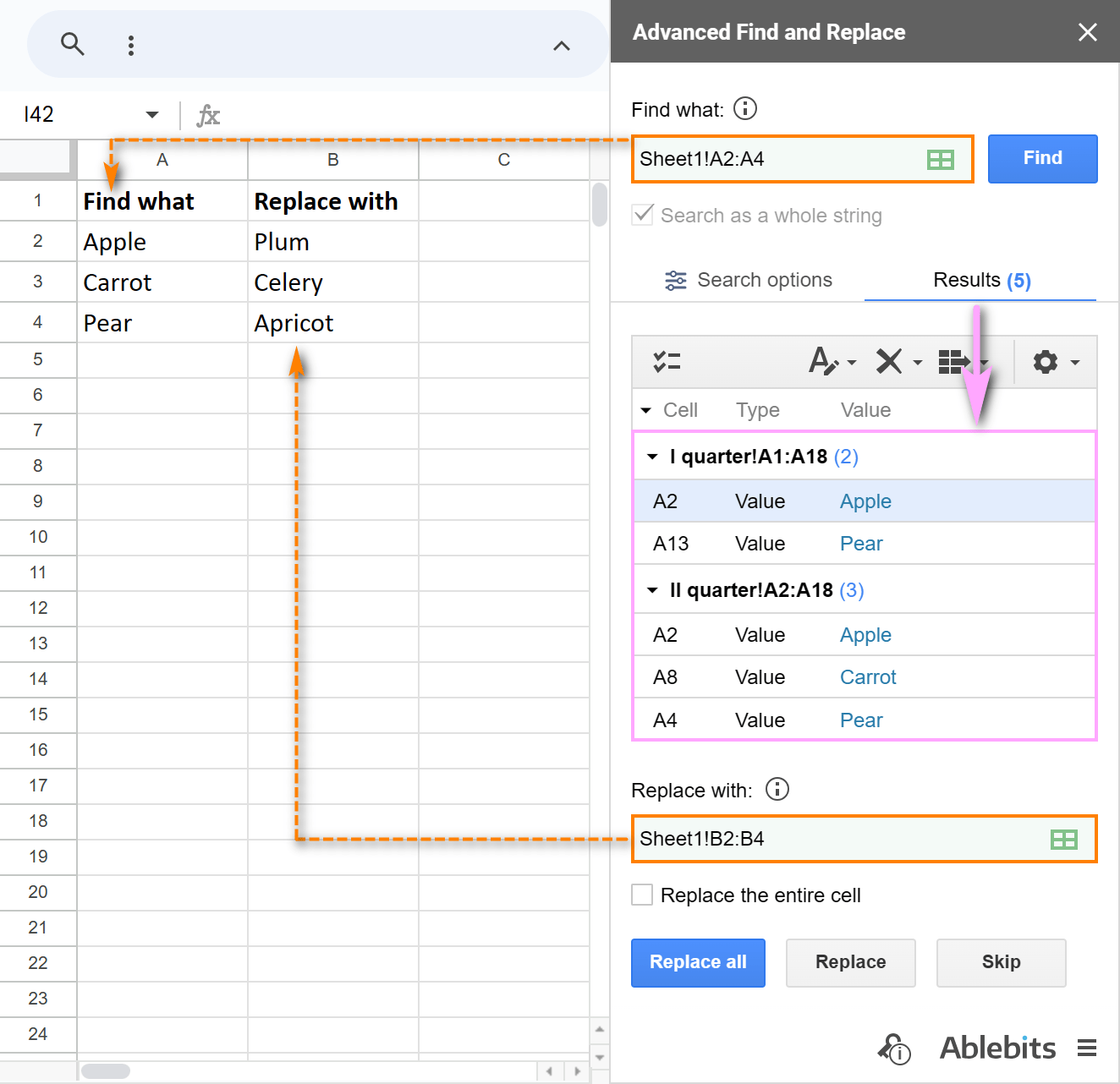 Enter the ranges with your search and replacement words to simplify the task.