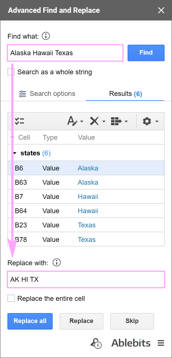 It can also find and replace multiple values in Google Sheets.