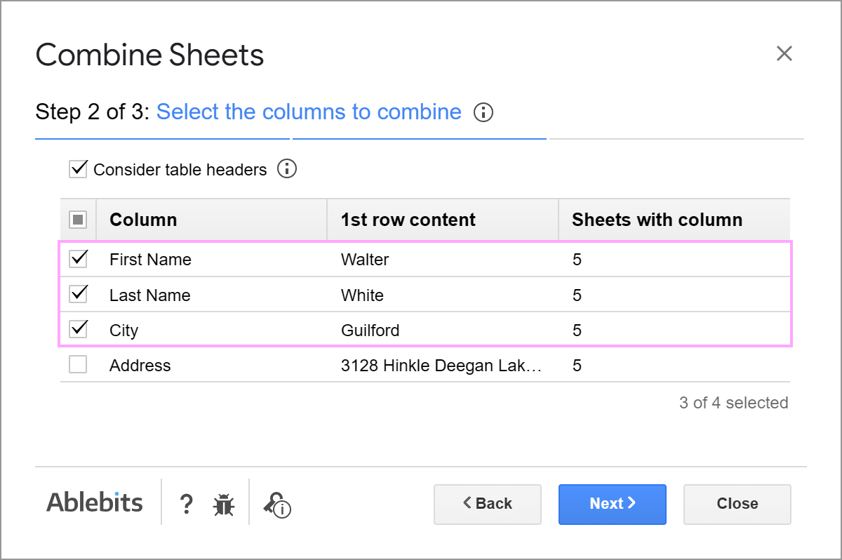 Combine only specific columns from the selected sheets.