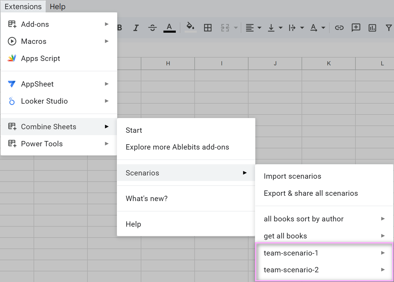 Find imported scenarios in the Extensions menu.