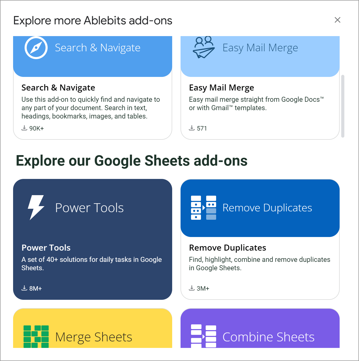 Quickly jump to other Ablebits add-ons on Google Workspace Marketplace.