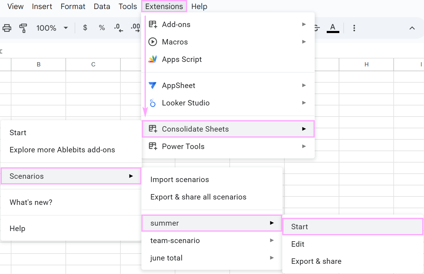 Start saved scenario from the Google Sheets menu.