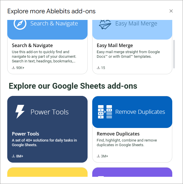 Quickly jump to other Ablebits add-ons on Google Workspace Marketplace.