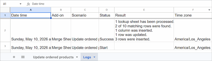 The dedicated log sheet tracking automated run execution details. The dedicated log sheet tracking automated run execution details.